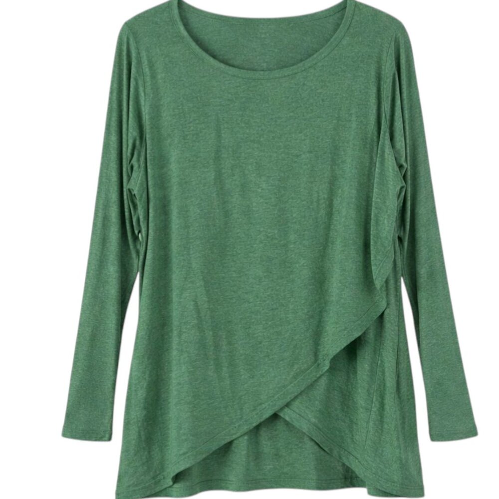 Green Asymmetrical Draped Tunic Top Long Sleeve Cotton Blend Blouse - L - Picture 4 of 6